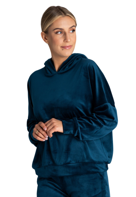 Bluza damska welurowa z luźnym kapturem kieszeń kangurka morska M969 Bluza damska welurowa z luźnym kapturem kieszeń kangurka morska M969