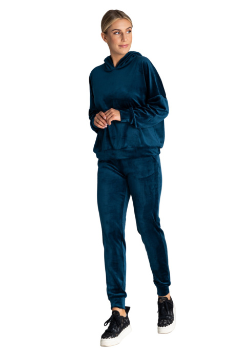 Bluza damska welurowa z luźnym kapturem kieszeń kangurka morska M969 Bluza damska welurowa z luźnym kapturem kieszeń kangurka morska M969