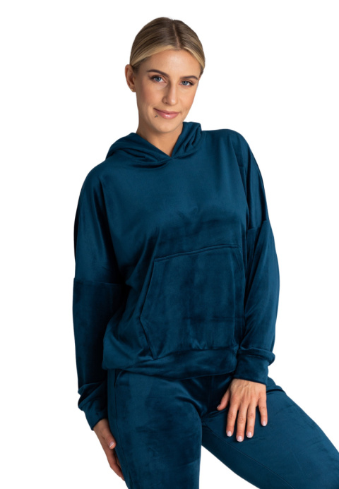Bluza damska welurowa z luźnym kapturem kieszeń kangurka morska M969 Bluza damska welurowa z luźnym kapturem kieszeń kangurka morska M969