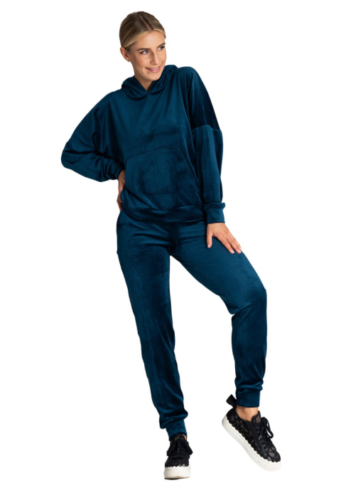 Bluza damska welurowa z luźnym kapturem kieszeń kangurka morska M969 Bluza damska welurowa z luźnym kapturem kieszeń kangurka morska M969