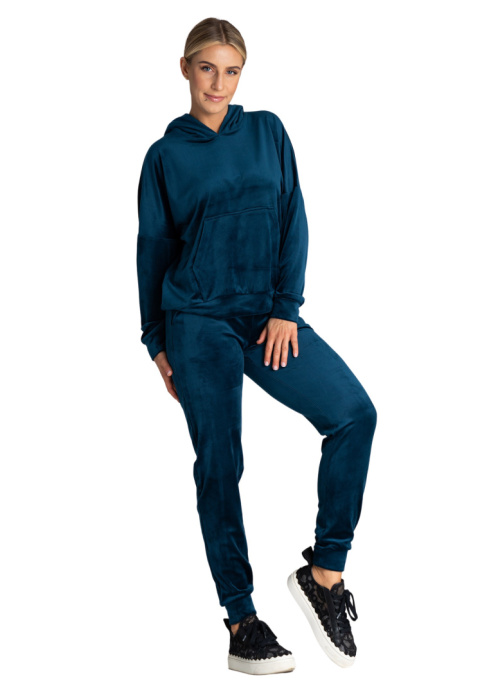 Bluza damska welurowa z luźnym kapturem kieszeń kangurka morska M969 Bluza damska welurowa z luźnym kapturem kieszeń kangurka morska M969