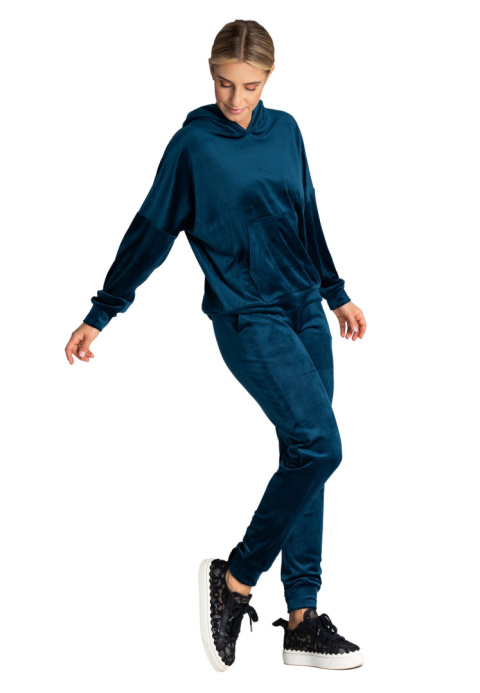 Bluza damska welurowa z luźnym kapturem kieszeń kangurka morska M969 Bluza damska welurowa z luźnym kapturem kieszeń kangurka morska M969