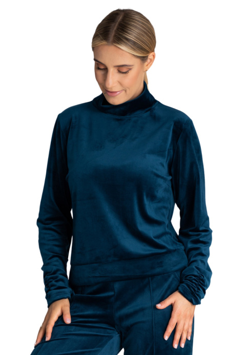 Bluza damska welurowa z golfem długie rękawy z marszczeniem morska M967 Bluza damska welurowa z golfem długie rękawy z marszczeniem morska M967
