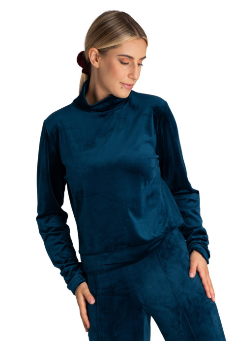 Bluza damska welurowa z golfem długie rękawy z marszczeniem morska M967 Bluza damska welurowa z golfem długie rękawy z marszczeniem morska M967