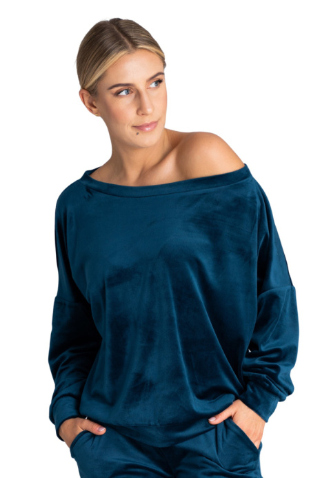 Bluza damska welurowa oversize szeroki dekolt w łódkę morska M968