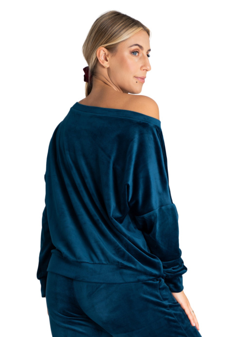 Bluza damska welurowa oversize szeroki dekolt w łódkę morska M968 Bluza damska welurowa oversize szeroki dekolt w łódkę morska M968