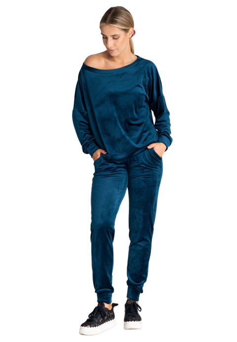 Bluza damska welurowa oversize szeroki dekolt w łódkę morska M968 Bluza damska welurowa oversize szeroki dekolt w łódkę morska M968