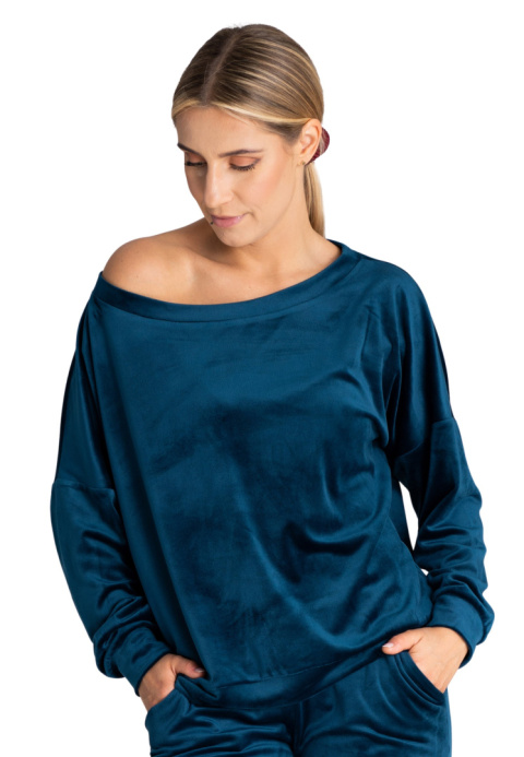 Bluza damska welurowa oversize szeroki dekolt w łódkę morska M968 Bluza damska welurowa oversize szeroki dekolt w łódkę morska M968