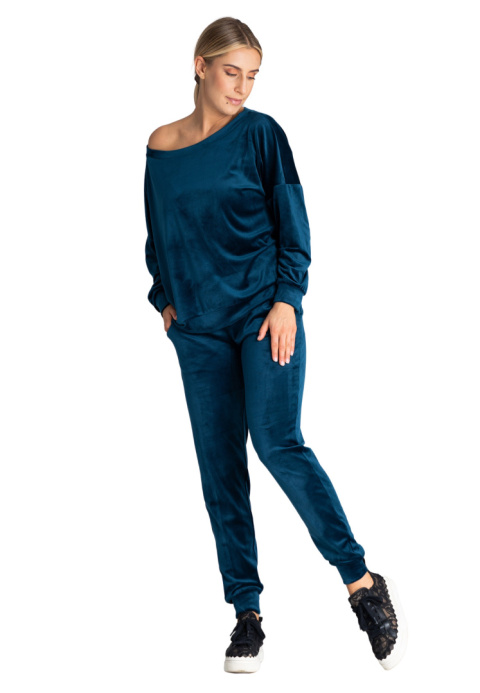 Bluza damska welurowa oversize szeroki dekolt w łódkę morska M968 Bluza damska welurowa oversize szeroki dekolt w łódkę morska M968