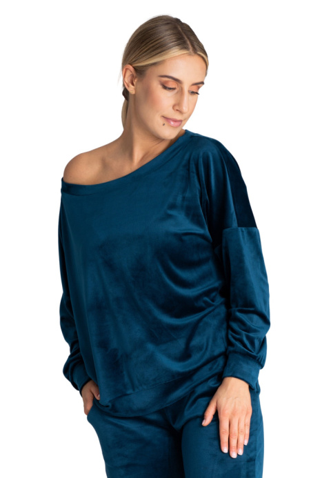 Bluza damska welurowa oversize szeroki dekolt w łódkę morska M968 Bluza damska welurowa oversize szeroki dekolt w łódkę morska M968
