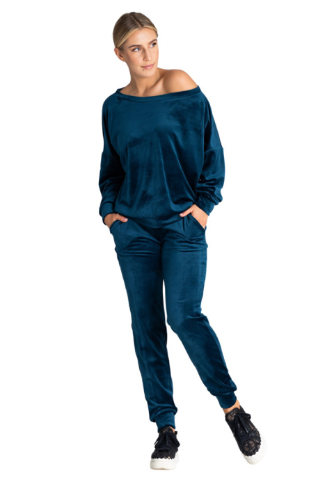 Bluza damska welurowa oversize szeroki dekolt w łódkę morska M968 Bluza damska welurowa oversize szeroki dekolt w łódkę morska M968