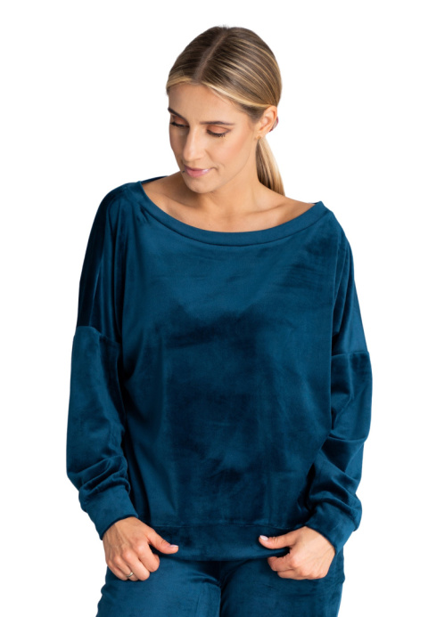 Bluza damska welurowa oversize szeroki dekolt w łódkę morska M968 Bluza damska welurowa oversize szeroki dekolt w łódkę morska M968
