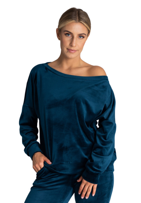 Bluza damska welurowa oversize szeroki dekolt w łódkę morska M968 Bluza damska welurowa oversize szeroki dekolt w łódkę morska M968