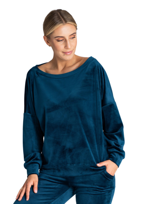 Bluza damska welurowa oversize szeroki dekolt w łódkę morska M968 Bluza damska welurowa oversize szeroki dekolt w łódkę morska M968