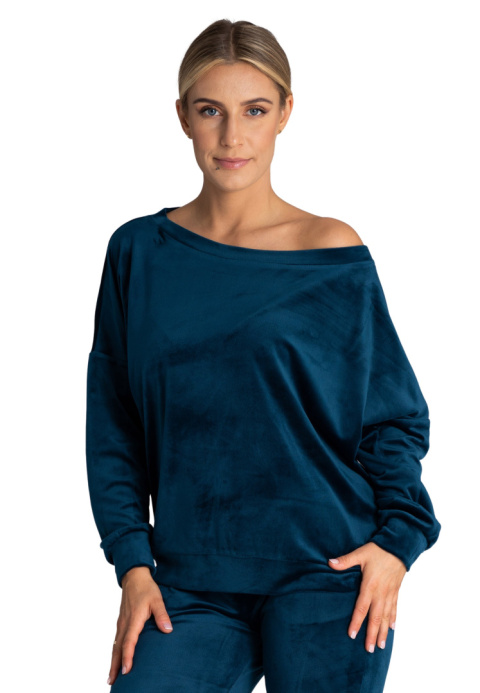 Bluza damska welurowa oversize szeroki dekolt w łódkę morska M968 Bluza damska welurowa oversize szeroki dekolt w łódkę morska M968