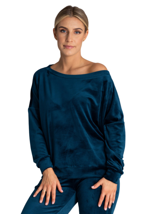 Bluza damska welurowa oversize szeroki dekolt w łódkę morska M968 Bluza damska welurowa oversize szeroki dekolt w łódkę morska M968