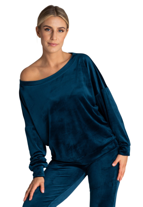 Bluza damska welurowa oversize szeroki dekolt w łódkę morska M968 Bluza damska welurowa oversize szeroki dekolt w łódkę morska M968
