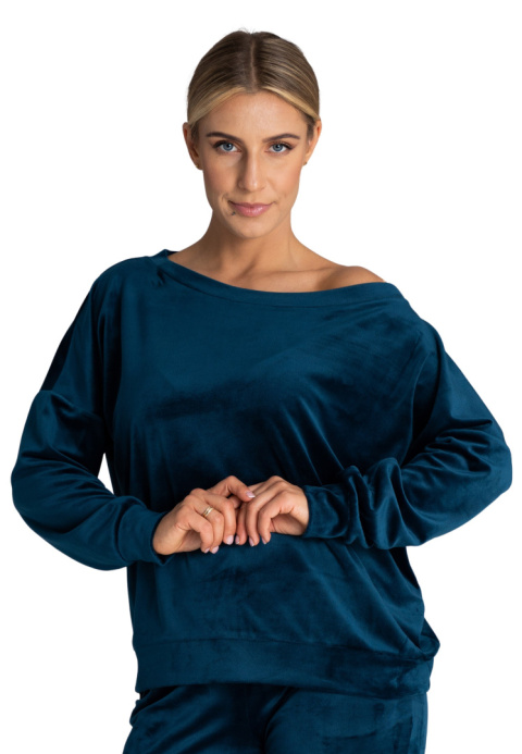 Bluza damska welurowa oversize szeroki dekolt w łódkę morska M968 Bluza damska welurowa oversize szeroki dekolt w łódkę morska M968