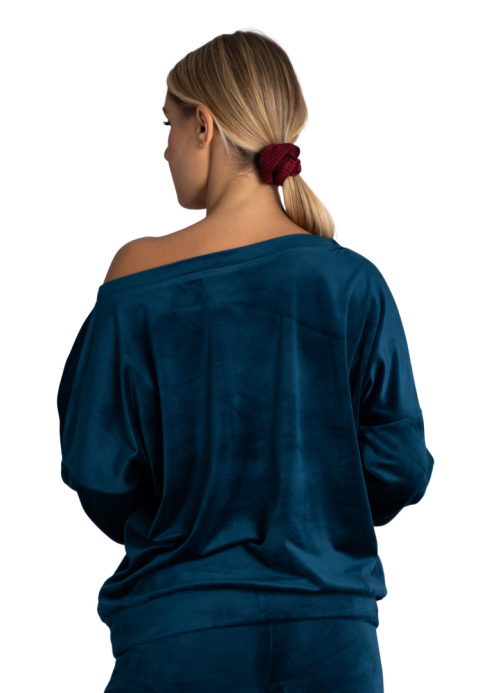 Bluza damska welurowa oversize szeroki dekolt w łódkę morska M968 Bluza damska welurowa oversize szeroki dekolt w łódkę morska M968