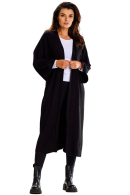 Długi kardigan damski z szerokimi rękawami wiązany paskiem czarny A617