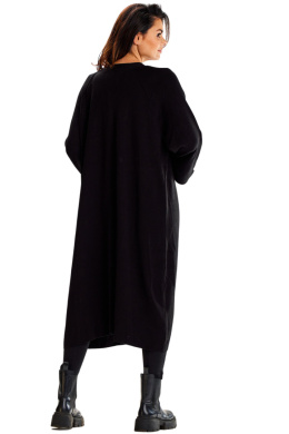 Długi kardigan damski z szerokimi rękawami wiązany paskiem czarny A617