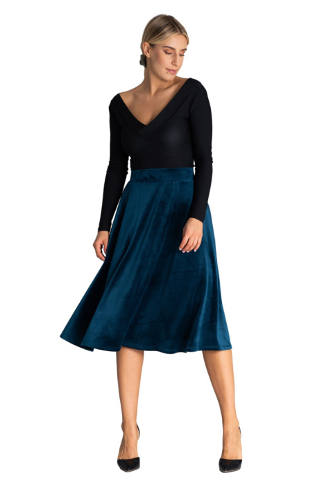 Spódnica midi welurowa rozkloszowana elegancka elastyczny pas morska M964 Spódnica midi welurowa rozkloszowana elegancka elastyczny pas morska M964