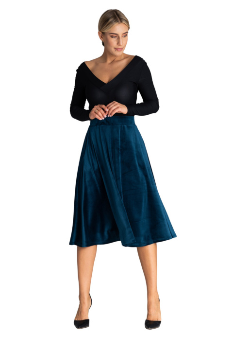 Spódnica midi welurowa rozkloszowana elegancka elastyczny pas morska M964 Spódnica midi welurowa rozkloszowana elegancka elastyczny pas morska M964