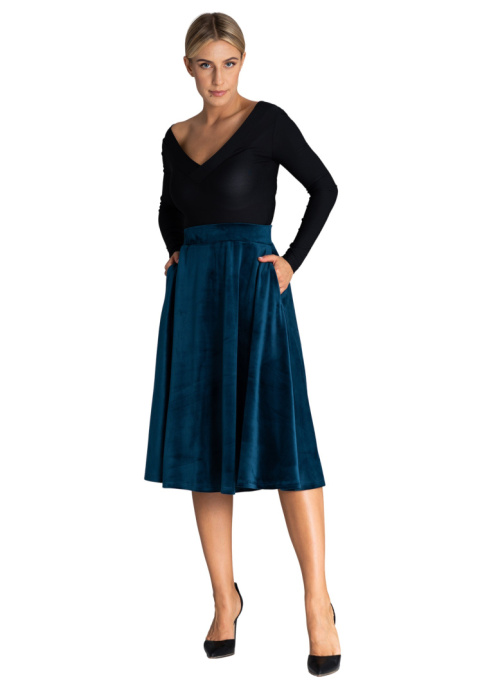 Spódnica midi welurowa rozkloszowana elegancka elastyczny pas morska M964 Spódnica midi welurowa rozkloszowana elegancka elastyczny pas morska M964