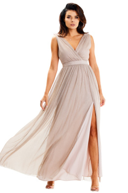 Elegancka sukienka maxi głęboki dekolt na plecach bez rękawów beżowa A625