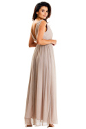 Elegancka sukienka maxi głęboki dekolt na plecach bez rękawów beżowa A625