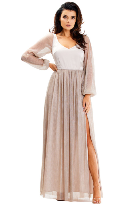 Sukienka maxi elegancka z rozcięciem głęboki dekolt V długi rękaw beżowa A626 Sukienka maxi elegancka z rozcięciem głęboki dekolt V długi rękaw beżowa A626