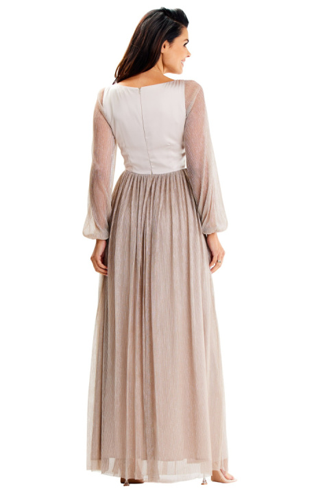 Sukienka maxi elegancka z rozcięciem głęboki dekolt V długi rękaw beżowa A626 Sukienka maxi elegancka z rozcięciem głęboki dekolt V długi rękaw beżowa A626