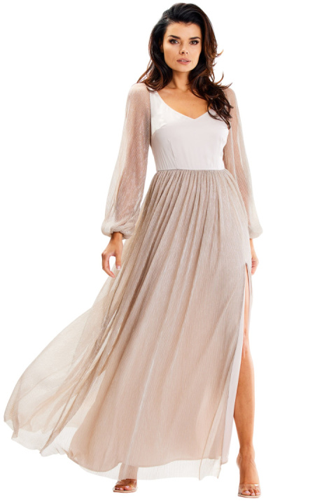 Sukienka maxi elegancka z rozcięciem głęboki dekolt V długi rękaw beżowa A626 Sukienka maxi elegancka z rozcięciem głęboki dekolt V długi rękaw beżowa A626