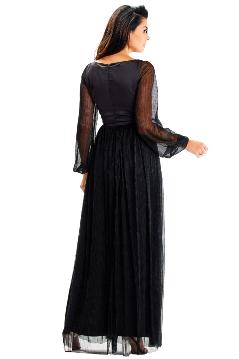 Sukienka maxi elegancka z rozcięciem głęboki dekolt V długi rękaw czarna A626 Sukienka maxi elegancka z rozcięciem głęboki dekolt V długi rękaw czarna A626