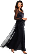 Sukienka maxi elegancka z rozcięciem głęboki dekolt V długi rękaw czarna A626