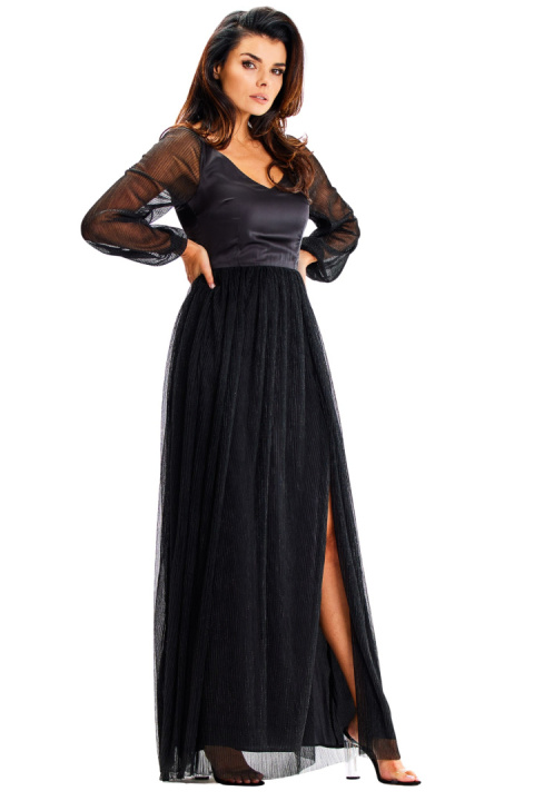 Sukienka maxi elegancka z rozcięciem głęboki dekolt V długi rękaw czarna A626 Sukienka maxi elegancka z rozcięciem głęboki dekolt V długi rękaw czarna A626