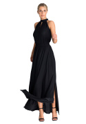 Sukienka maxi bez rękawów rozkloszowana guma w pasie stójka czarna M945