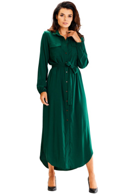 Sukienka maxi koszulowa luźna rozpinana pasek długi rękaw zielona A601