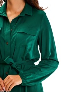 Sukienka maxi koszulowa luźna rozpinana pasek długi rękaw zielona A601