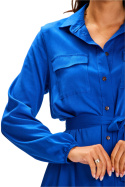 Sukienka maxi koszulowa luźna rozpinana pasek długi rękaw niebieska A601