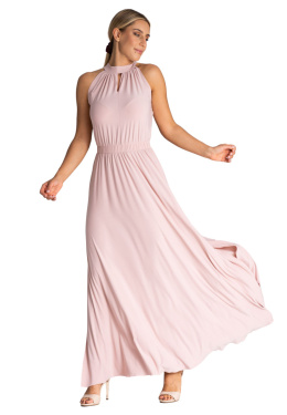 Sukienka maxi bez rękawów rozkloszowana guma w pasie stójka różowa M945