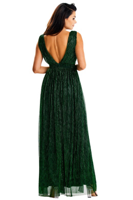 Elegancka sukienka maxi głęboki dekolt na plecach bez rękawów zielona A625