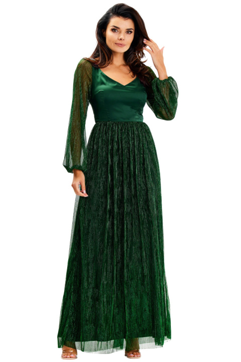 Sukienka maxi elegancka z rozcięciem głęboki dekolt V długi rękaw zielona A626 Sukienka maxi elegancka z rozcięciem głęboki dekolt V długi rękaw zielona A626