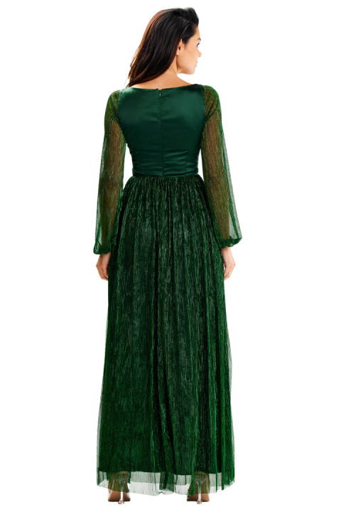 Sukienka maxi elegancka z rozcięciem głęboki dekolt V długi rękaw zielona A626 Sukienka maxi elegancka z rozcięciem głęboki dekolt V długi rękaw zielona A626