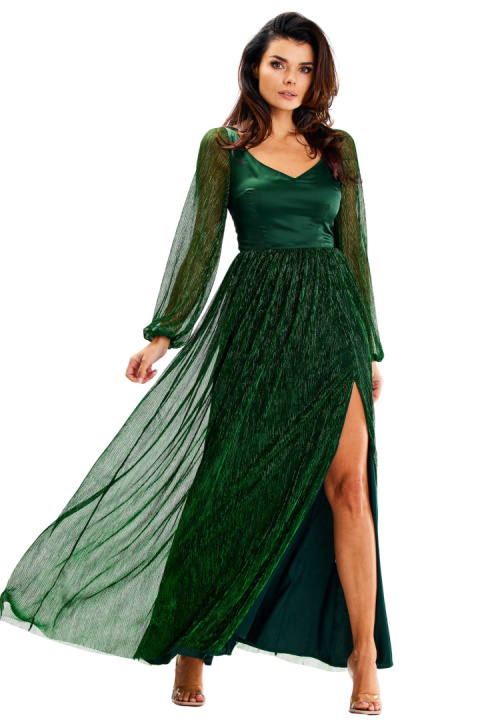 Sukienka maxi elegancka z rozcięciem głęboki dekolt V długi rękaw zielona A626 Sukienka maxi elegancka z rozcięciem głęboki dekolt V długi rękaw zielona A626
