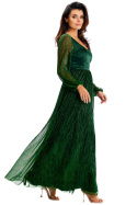 Sukienka maxi elegancka z rozcięciem głęboki dekolt V długi rękaw zielona A626