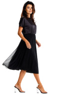 Sukienka midi z krótkim rękawem rozkloszowana gumka w pasie czarna A627