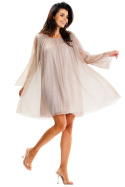 Sukienka mini z siatki połyskująca luźna zwiewna długi rękaw beżowa A628