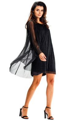 Sukienka mini z siatki połyskująca luźna zwiewna długi rękaw czarna A628