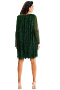 Sukienka mini z siatki połyskująca luźna zwiewna długi rękaw zielona A628